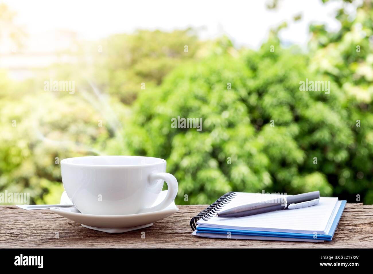 Tazza di caffè calda con un notebook e una penna sul vecchio pavimento di legno con colorato sfondo verde natura. Foto Stock