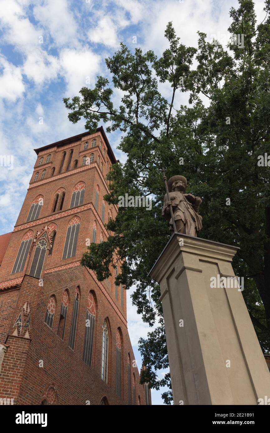 Guardando in alto la statua in legno di fronte alla chiesa di San Giacomo con albero dietro, New City, Torun, Polonia Foto Stock