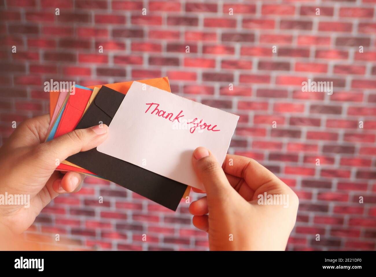 la mano delle donne che tiene la lettera di ringraziamento vista posteriore Foto Stock