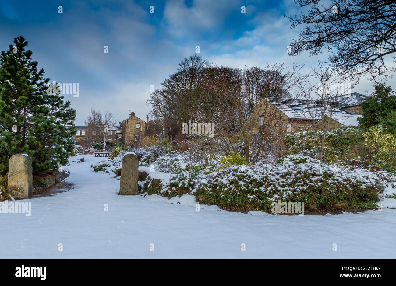 Hall Cliffe Community Garden, Baildon, Yorkshire, Inghilterra in inverno. Foto Stock