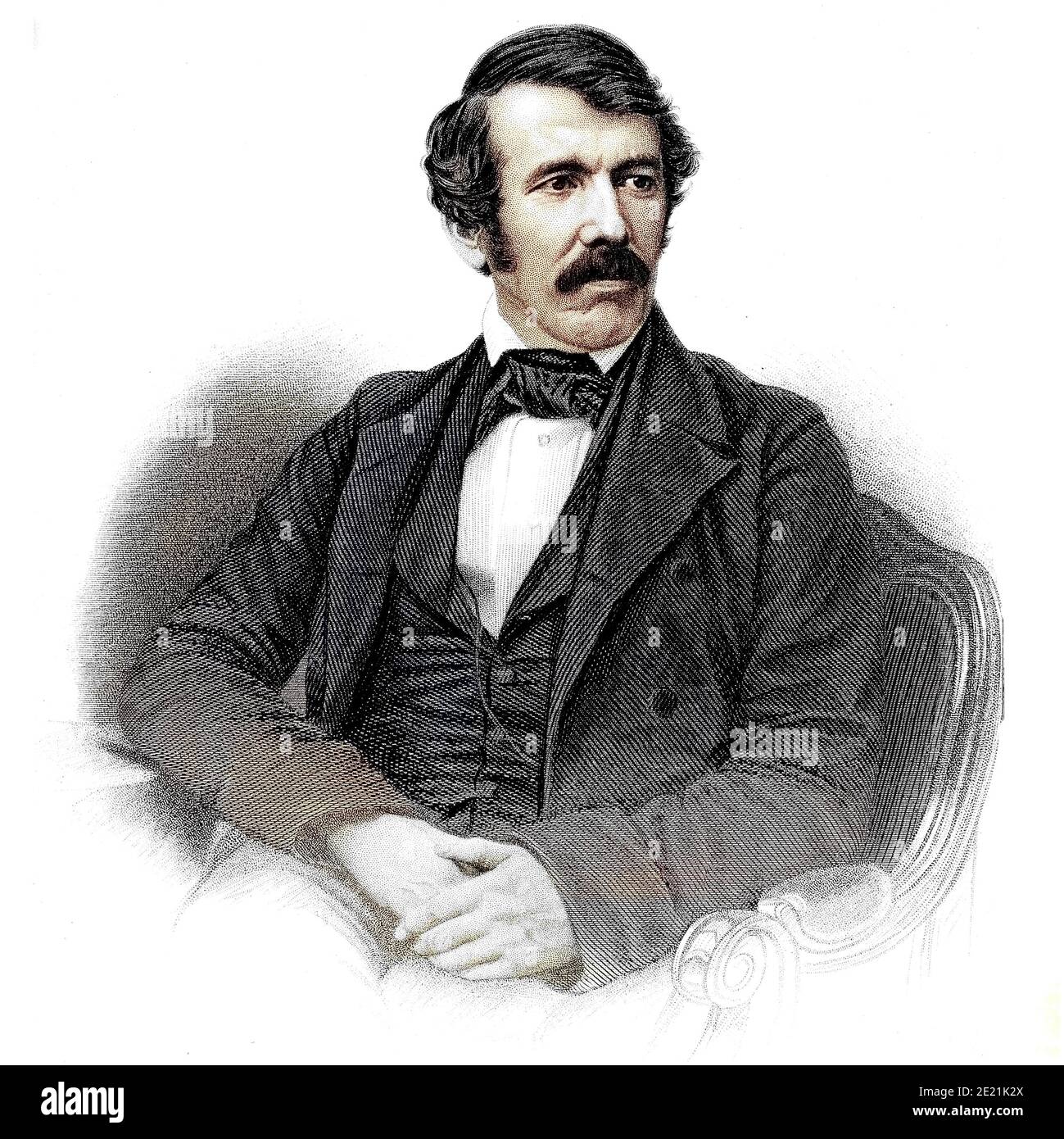 Machine Colored (ai) Ritratto del reverendo David Livingstone tratto dal libro 'viaggi e ricerche Missionarie in Sud Africa : Tra cui un disegno di sedici anni di residenza all'interno dell'Africa, e un viaggio dal Capo di buona speranza a Loanda, sulla costa occidentale, quindi attraverso il continente, lungo il fiume Zambesi, verso l'oceano orientale ' da David Livingstone pubblicato a Londra nel 1857 Foto Stock