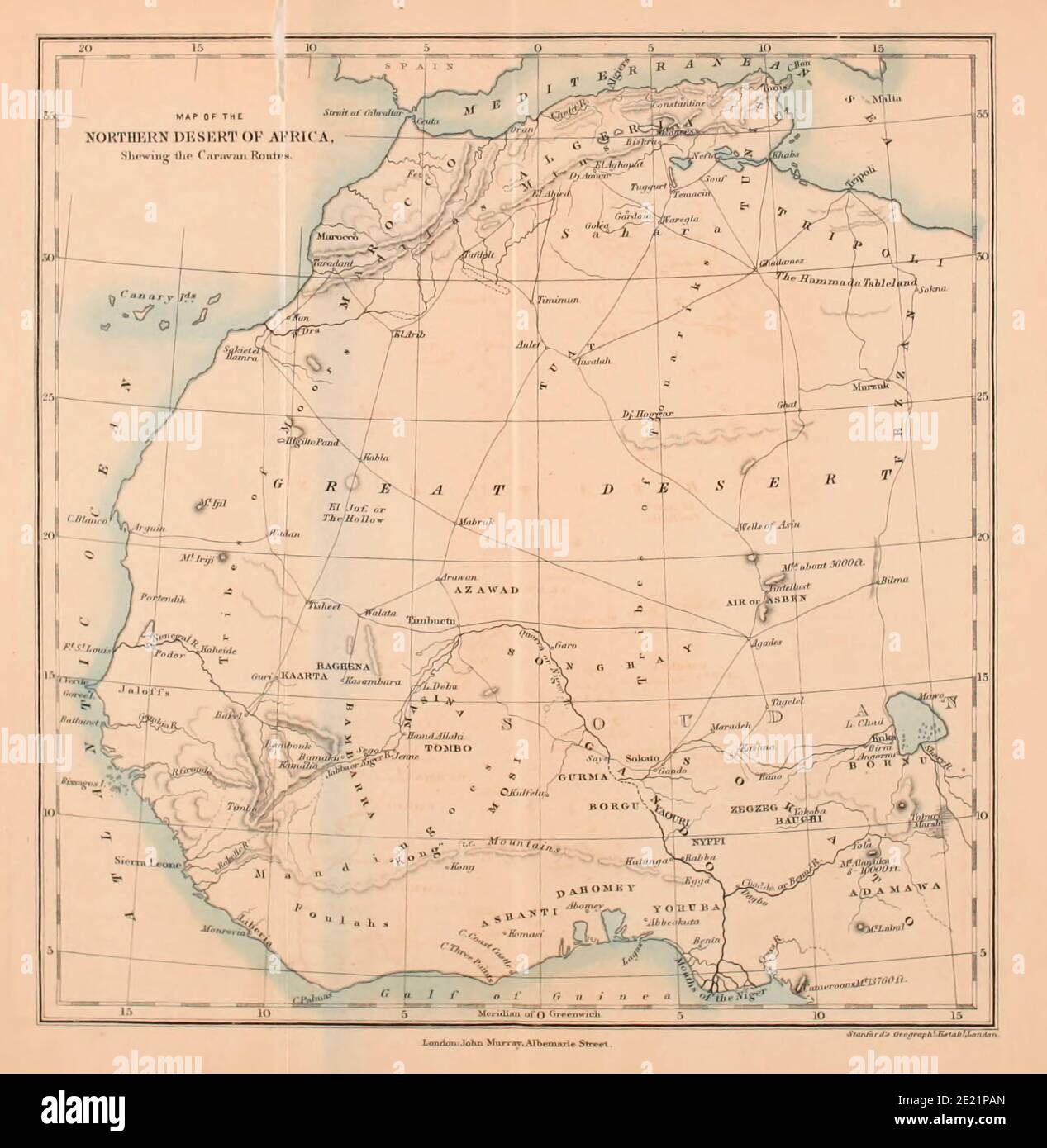 Antica mappa del deserto del Nord Africa dal Libro 'Grande Sahara: Peregrinazioni a sud delle montagne dell'Atlante. ' di Tristorm, H. B. (Henry Baker), pubblicato da J. Murray a Londra nel 1860 Foto Stock