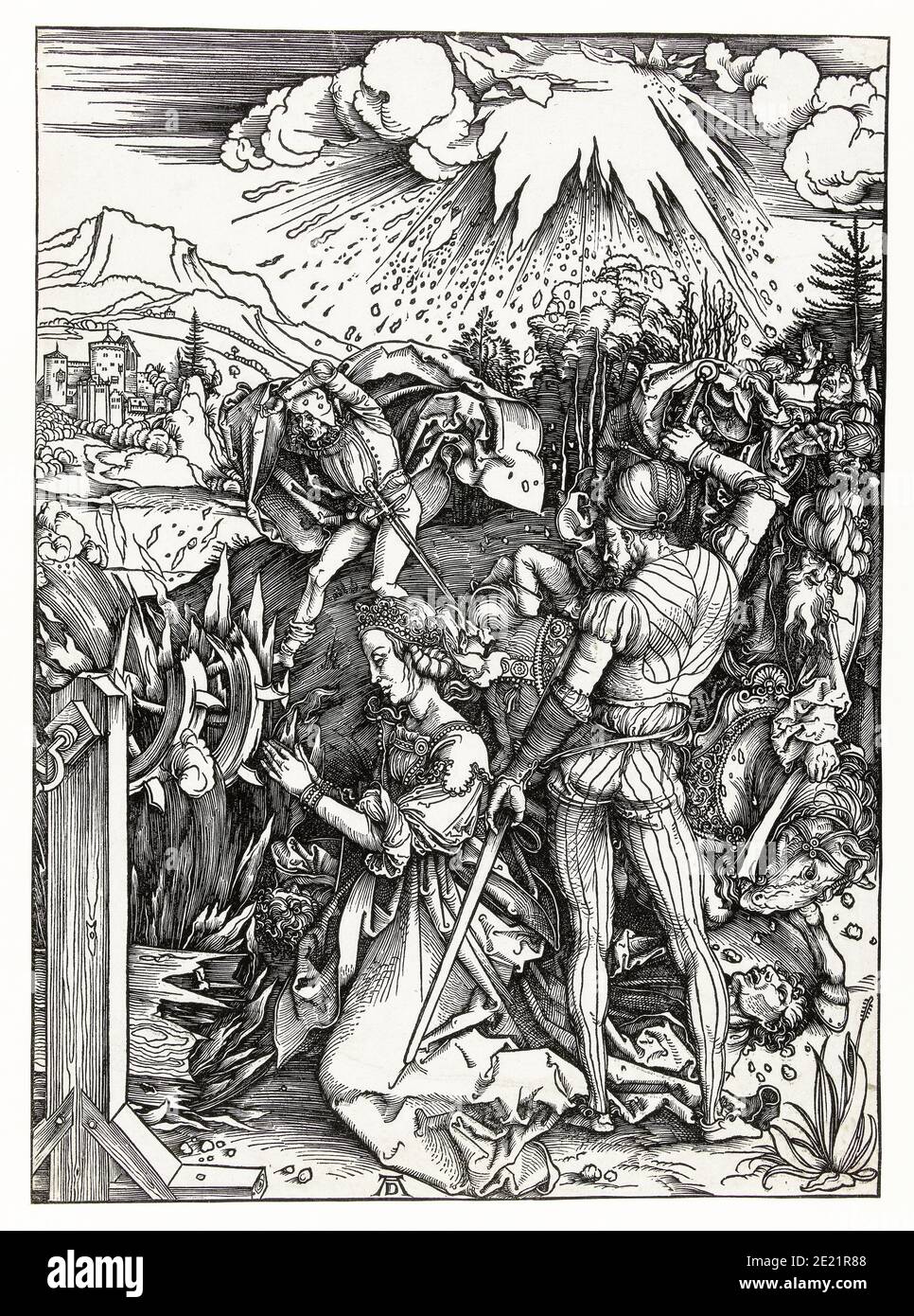 Albrecht Dürer, il martirio di Santa Caterina d'Alessandria (circa 287-305), (ruota di Caterina), incisione, 1496-1500 Foto Stock