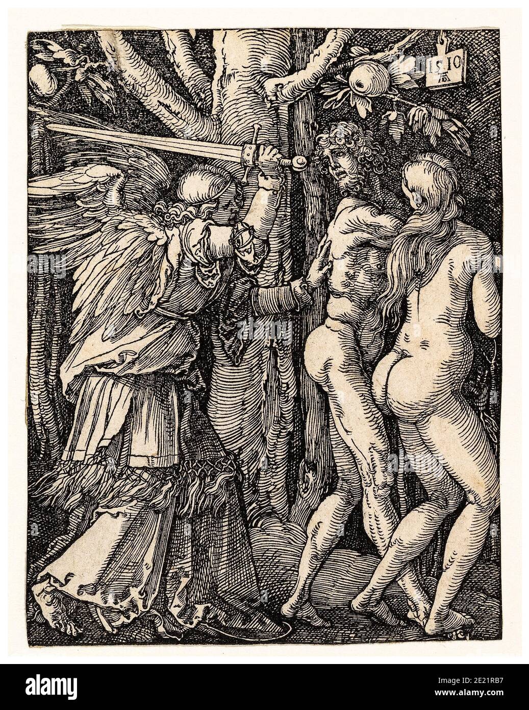 La piccola Passione: L'espulsione dal Paradiso, (Adamo ed Eva), incisione di Albrecht Dürer, 1510 Foto Stock