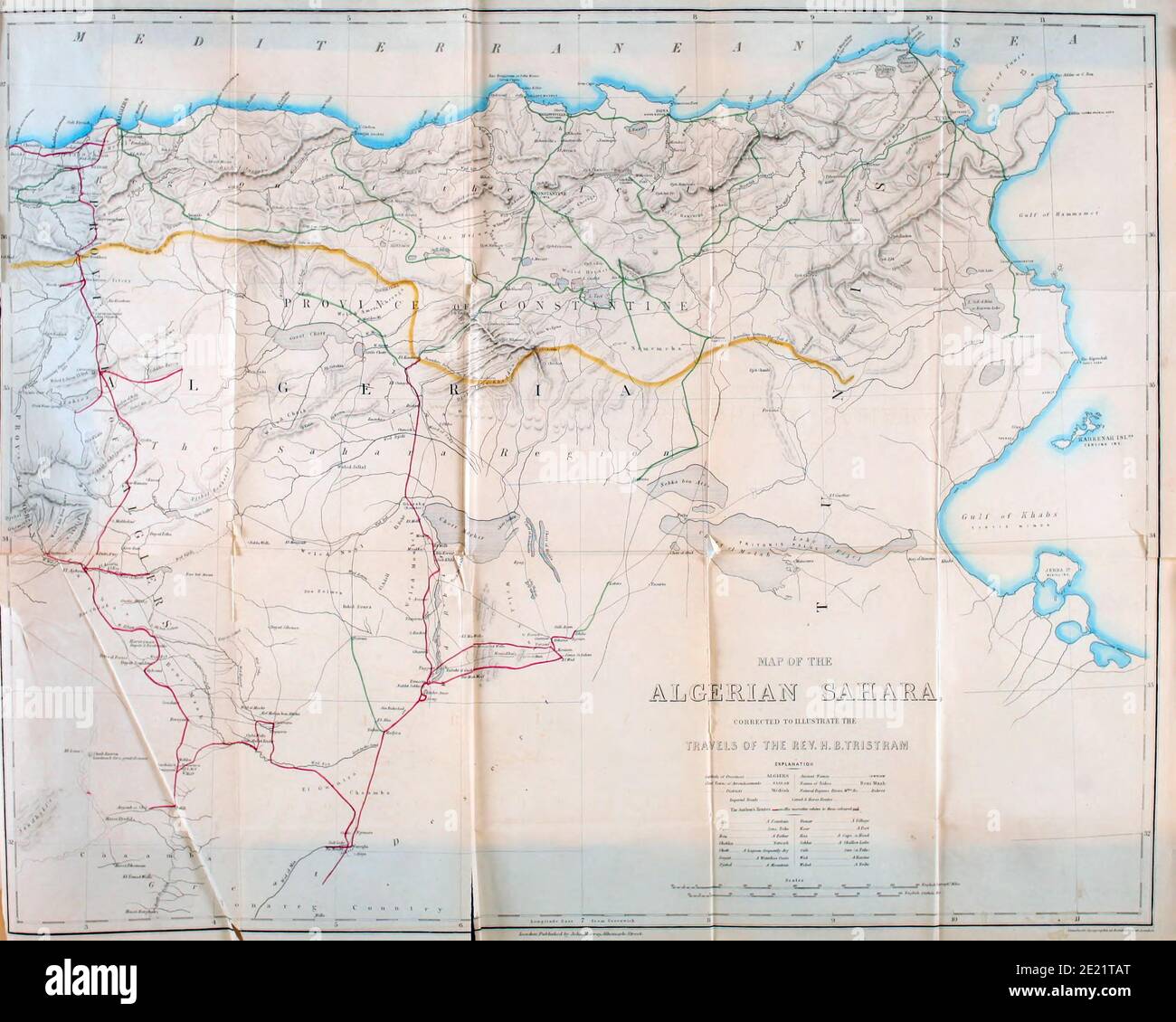 Antica mappa del Sahara algerino dal Libro 'Grande Sahara: Peregrinazioni a sud delle montagne dell'Atlante. ' di Tristorm, H. B. (Henry Baker), pubblicato da J. Murray a Londra nel 1860 Foto Stock