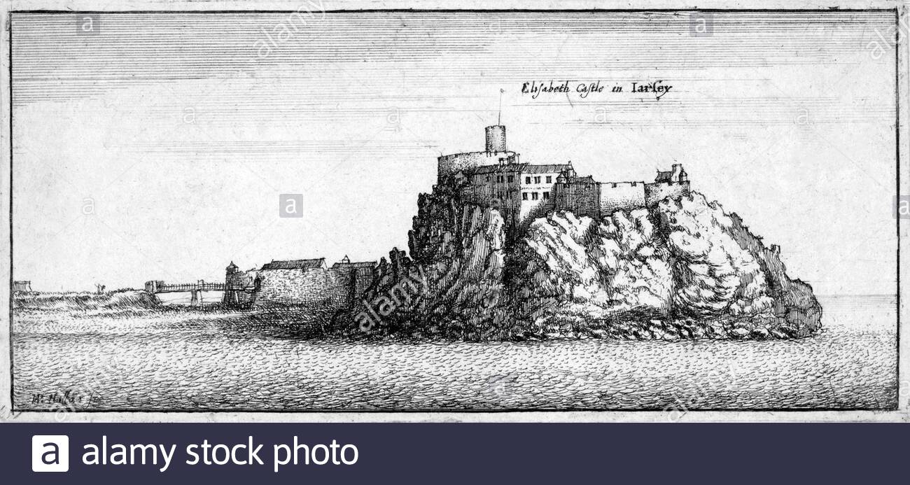 Elizabeth Castle Jersey, incisione da etcher boemo Venceslao Hollar dal 1600 Foto Stock