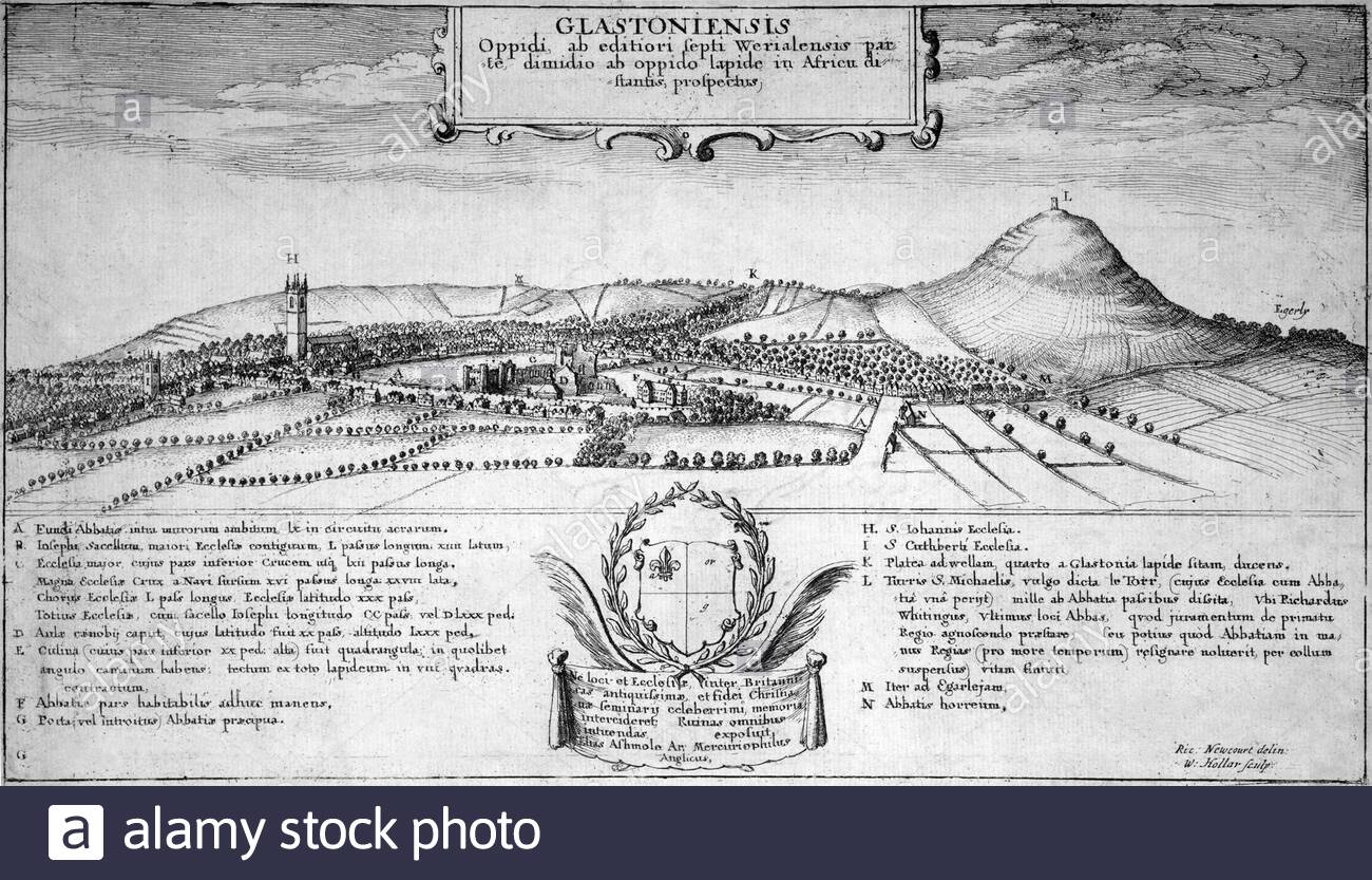 Glastonbury, attacco da incisore boemo Wenceslaus Hollar da 1600s Foto Stock