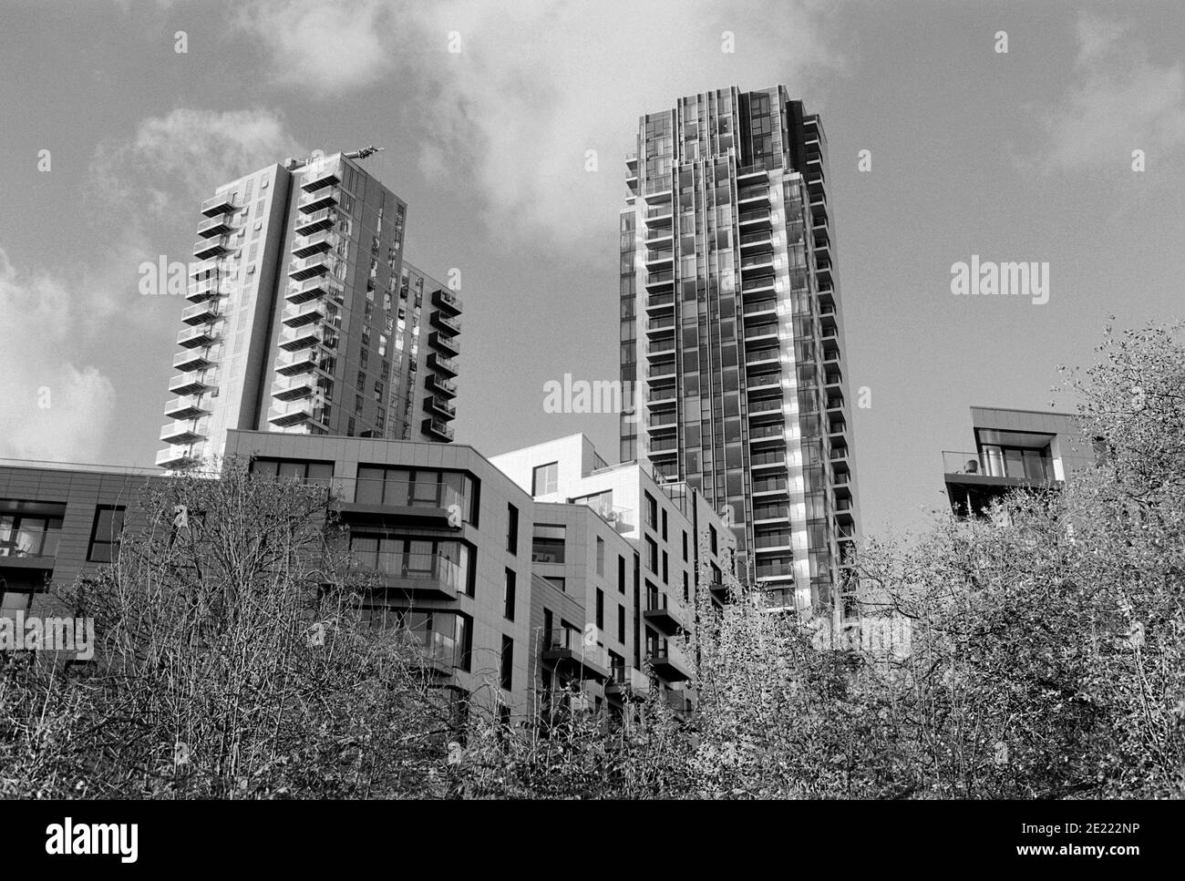 Il nuovo Skyline Apartments si è visto da Woodberry Wetlands, a nord di Londra, Regno Unito Foto Stock