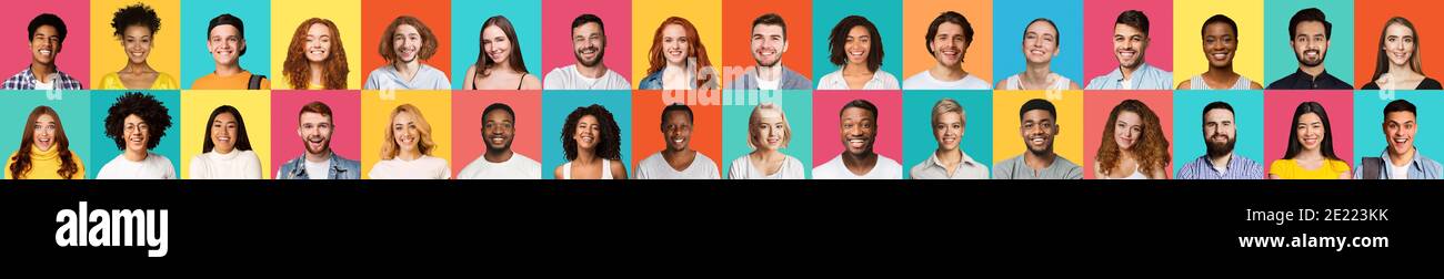 Collage di varie persone volti su sfondi di colore brillante, Panorama Foto Stock
