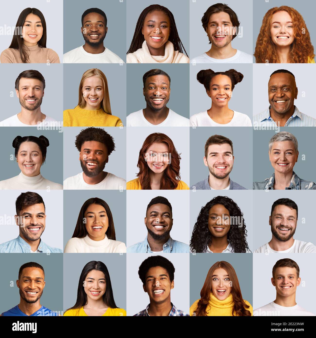 Ritratti multiculturali Donne e uomini in Collage Gray sfondi, quadrato Foto Stock