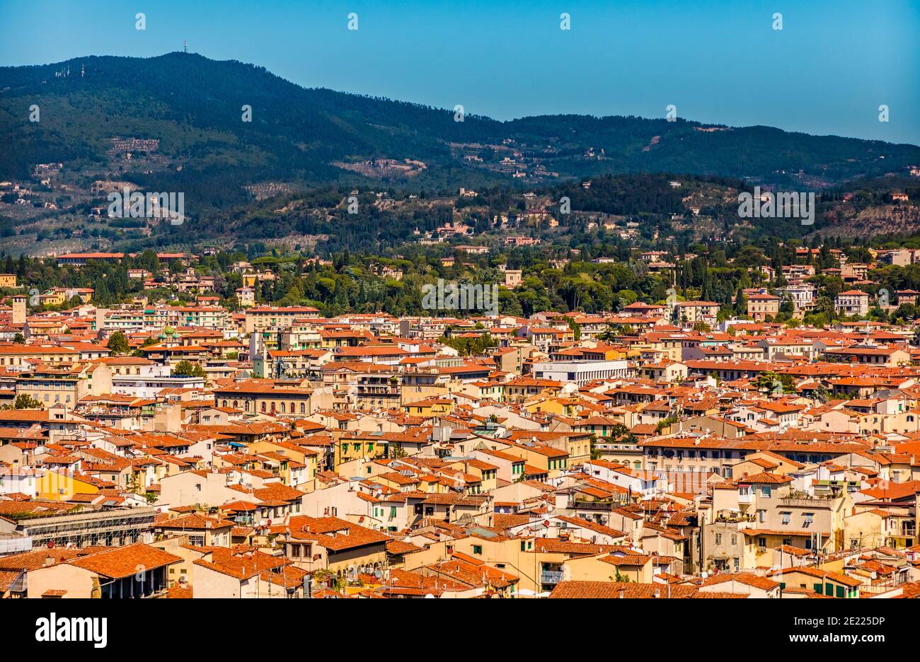 Bella vista panoramica aerea del centro storico di Firenze circondato dalle colline fiorentine, piantate di ulivi e vigneti, e dal... Foto Stock