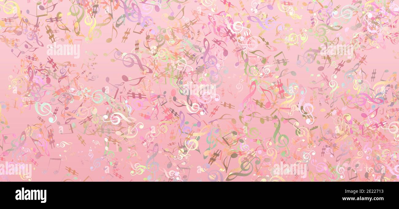 Illustrazione di colorate notazioni musicali su sfondo rosa Foto Stock