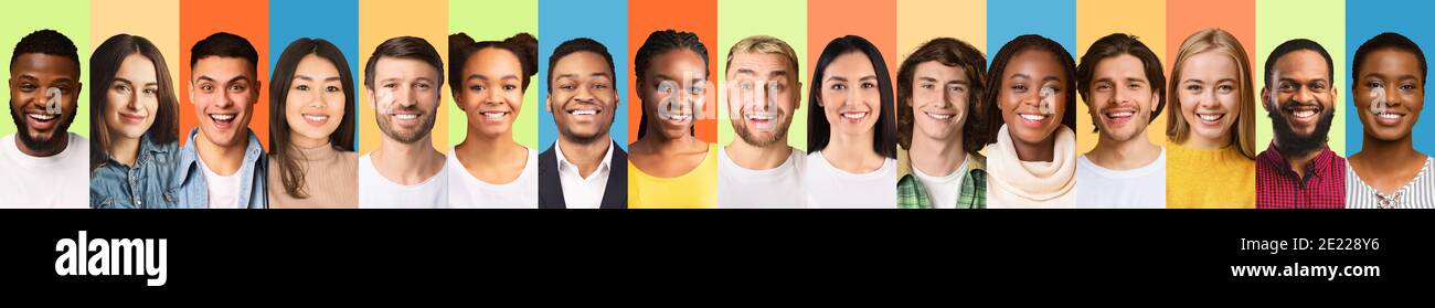 Personaggi diversi Ritratti con millennial di successo su sfondi colorati, Collage Foto Stock
