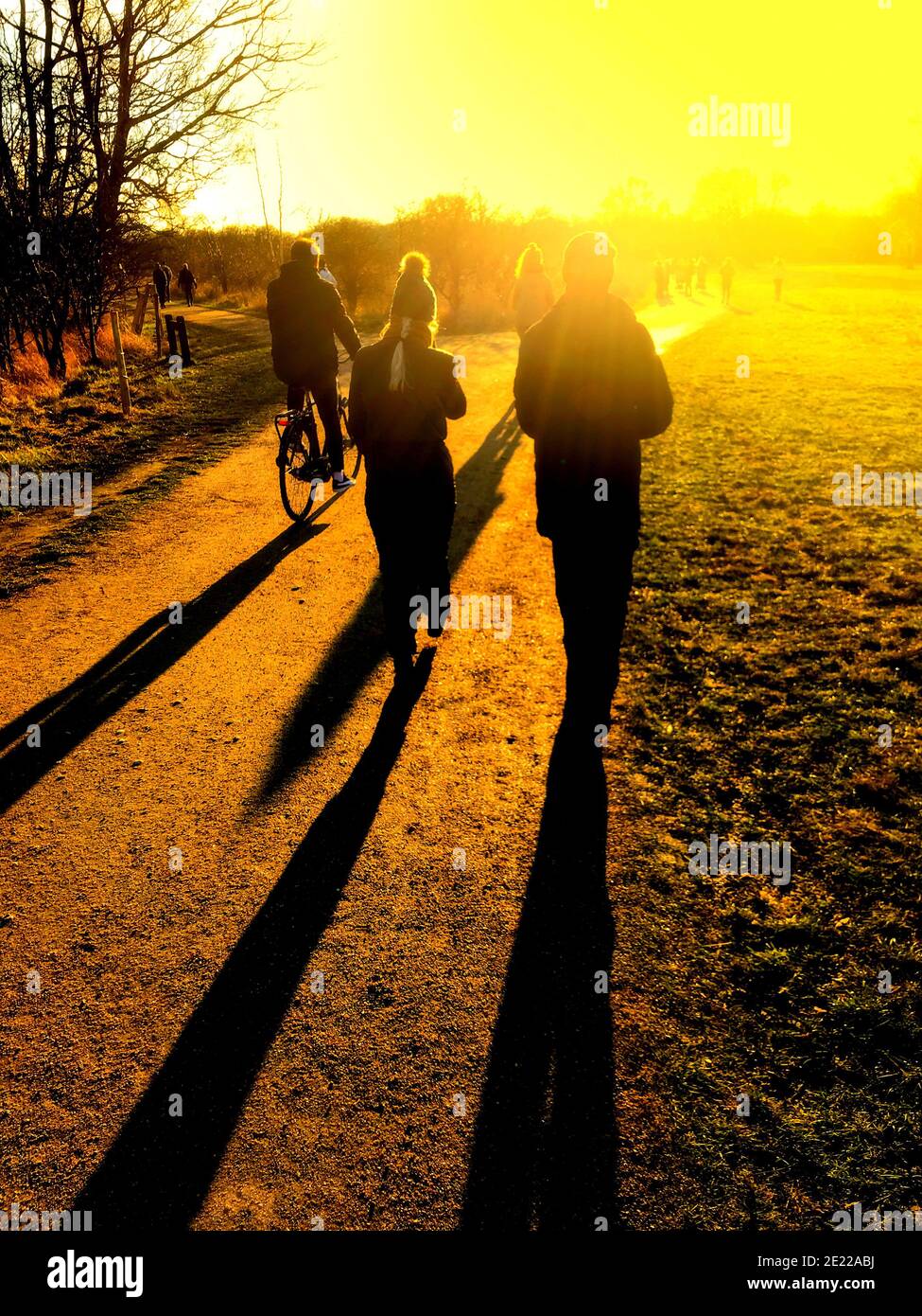Persone che camminano su un sentiero in un parco in inverno o in autunno giorno gettando lunghe ombre nel intenso e luminoso sole basso. Immagine con filtro effetto Foto Stock