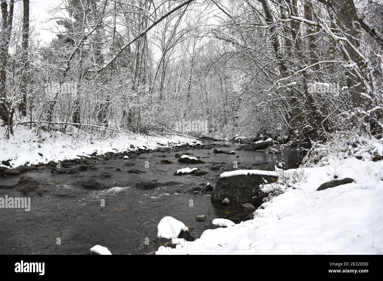 Vista del fiume Cidacos a Munilla, la Rioja, dopo una nevicata pesante. Tempesta di neve chiamata Filomena in Spagna. Foto Stock