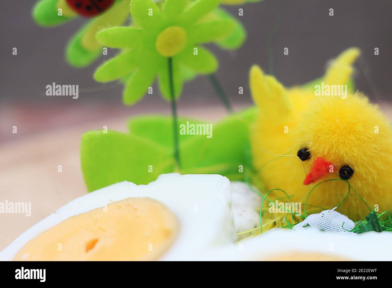 Pulcino di Pasqua e uova di pollo bollite, composizione decorativa per congratulazioni a Pasqua Foto Stock