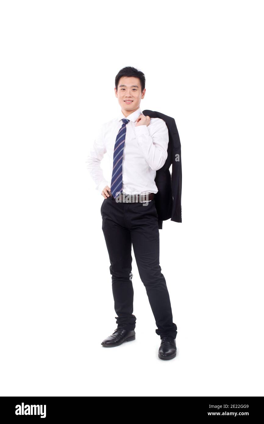 Un giovane uomo d'affari felice reggendo giacca foto di alta qualità Foto Stock