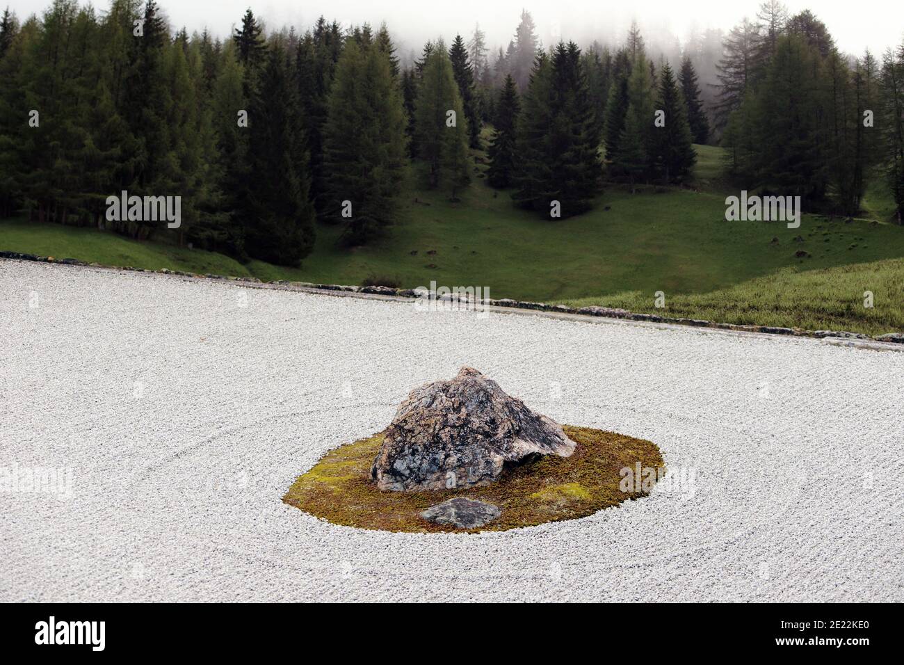 Particolare di giardino giapponese zen rock in uno sfondo di moody foresta all'aperto Foto Stock