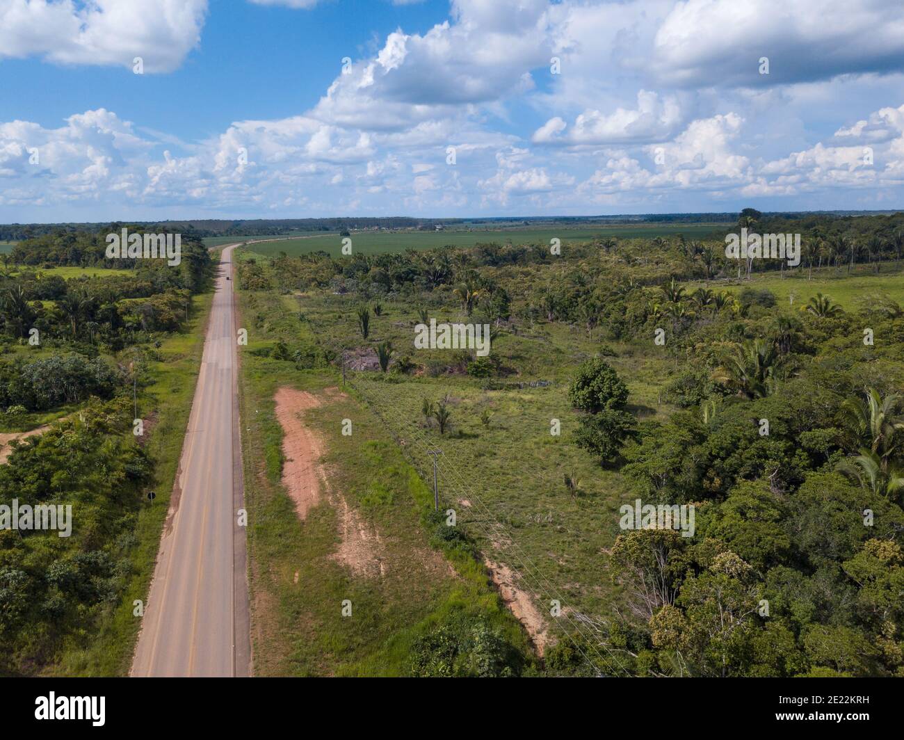 Vista aerea dei droni della strada BR 319 nel paesaggio della foresta pluviale amazzonica al confine con lo stato di Amazonas e Rondônia, Brasile. Concetto di ecologia. Foto Stock