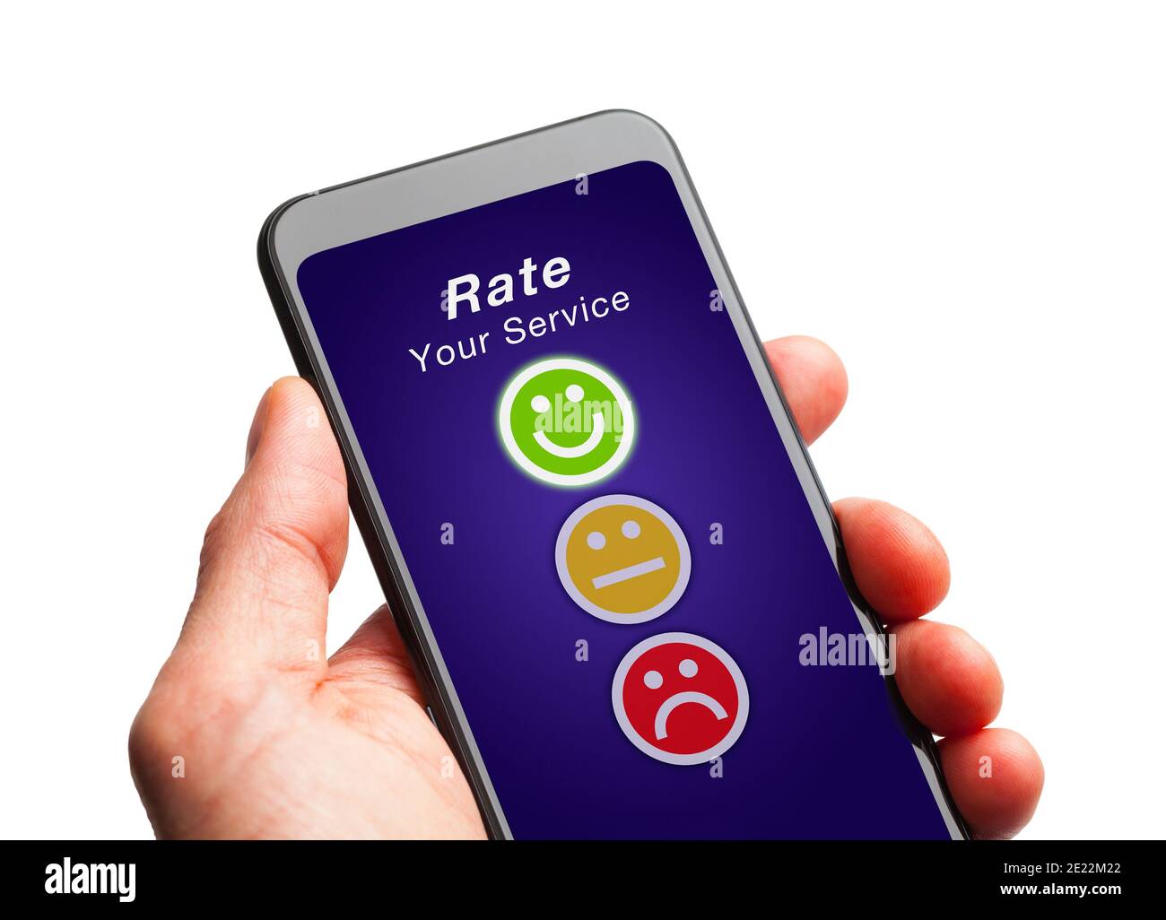Tenere a mano uno smartphone con una valutazione positiva del servizio. Foto Stock