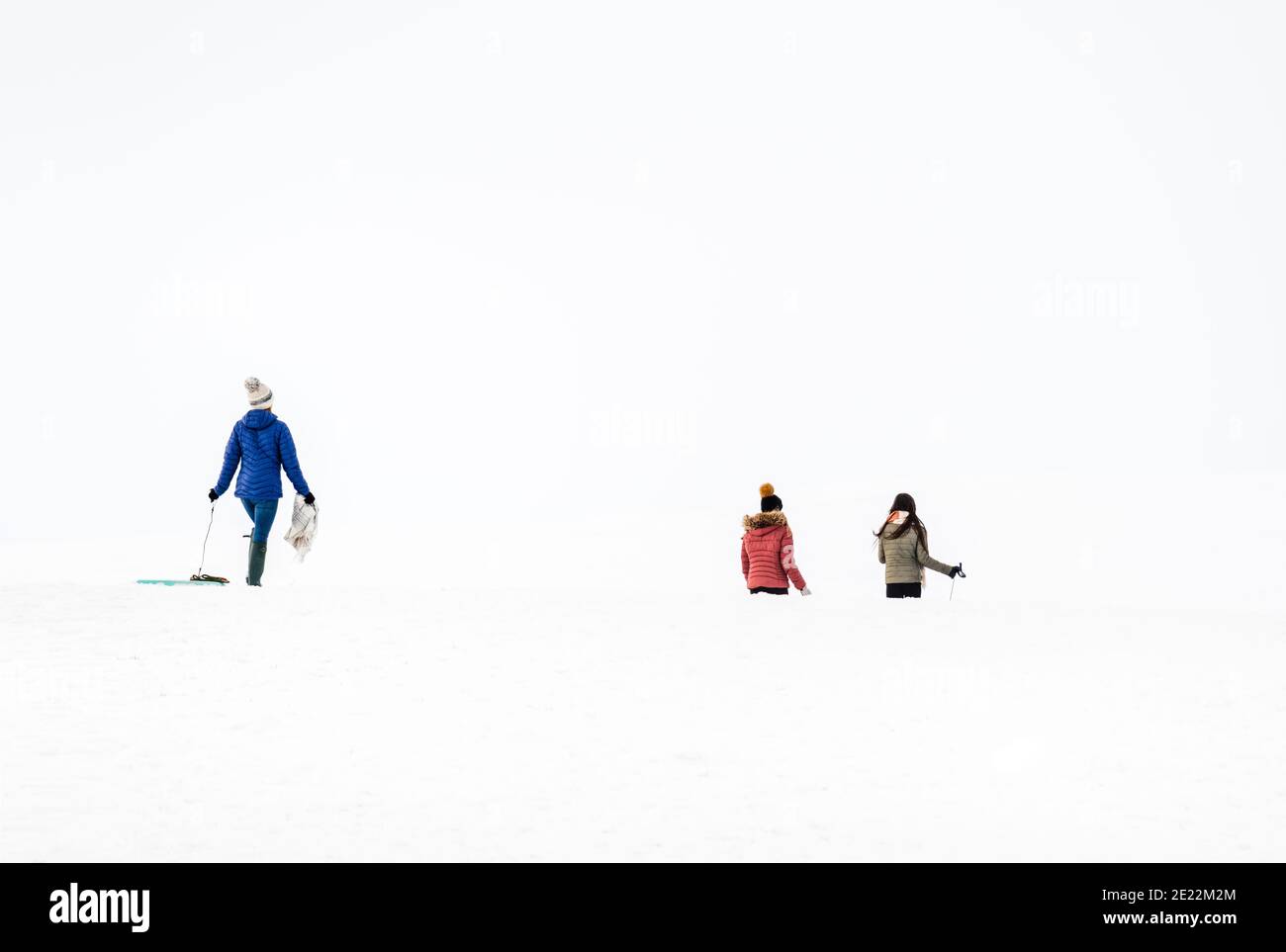 Divertimento invernale all'aperto, attività e esercizio fisico. Famiglie con bambini in slitta nella neve profonda. Foto Stock