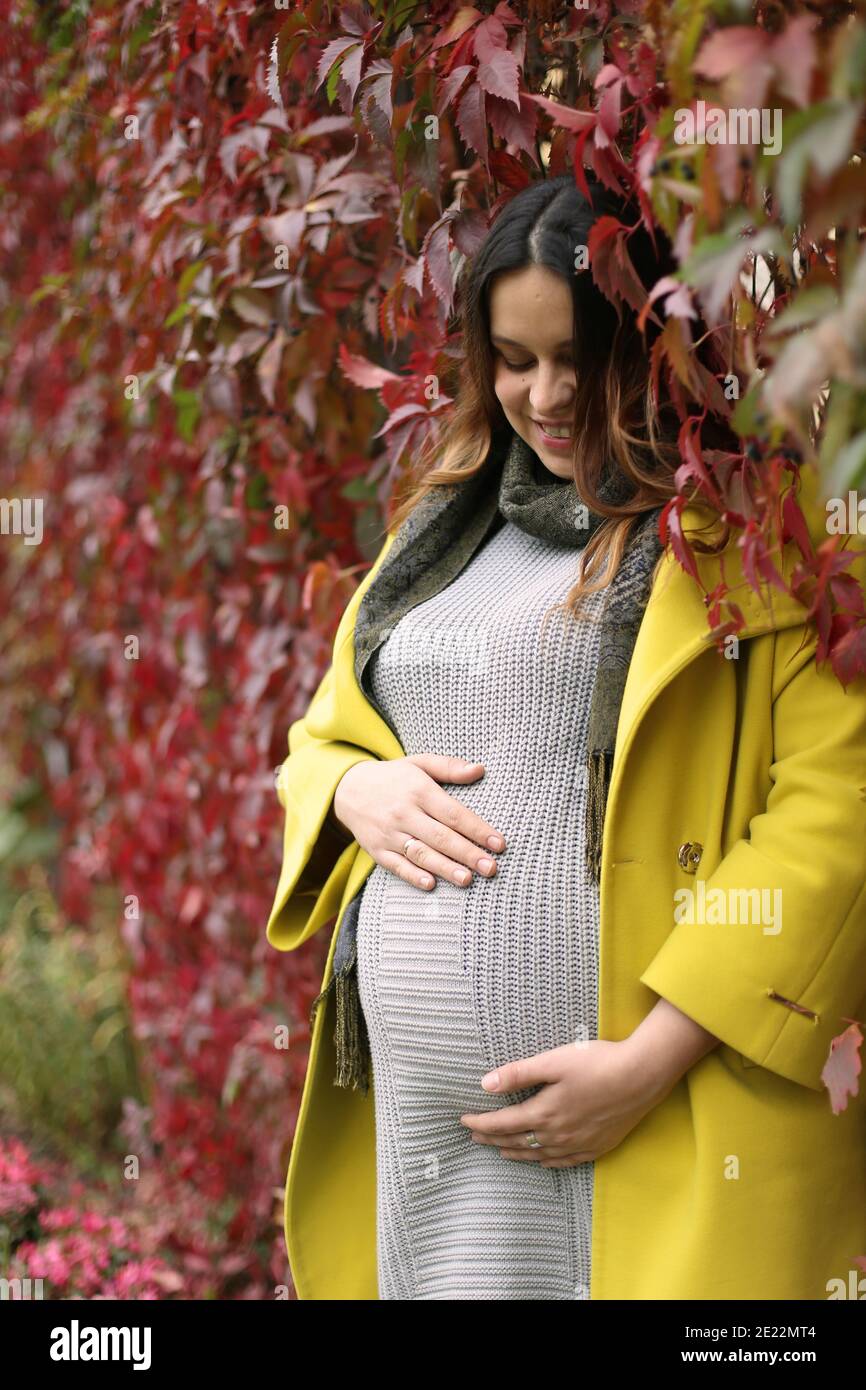 Felice donna incinta che stracciava il ventre nel parco. Foto Stock