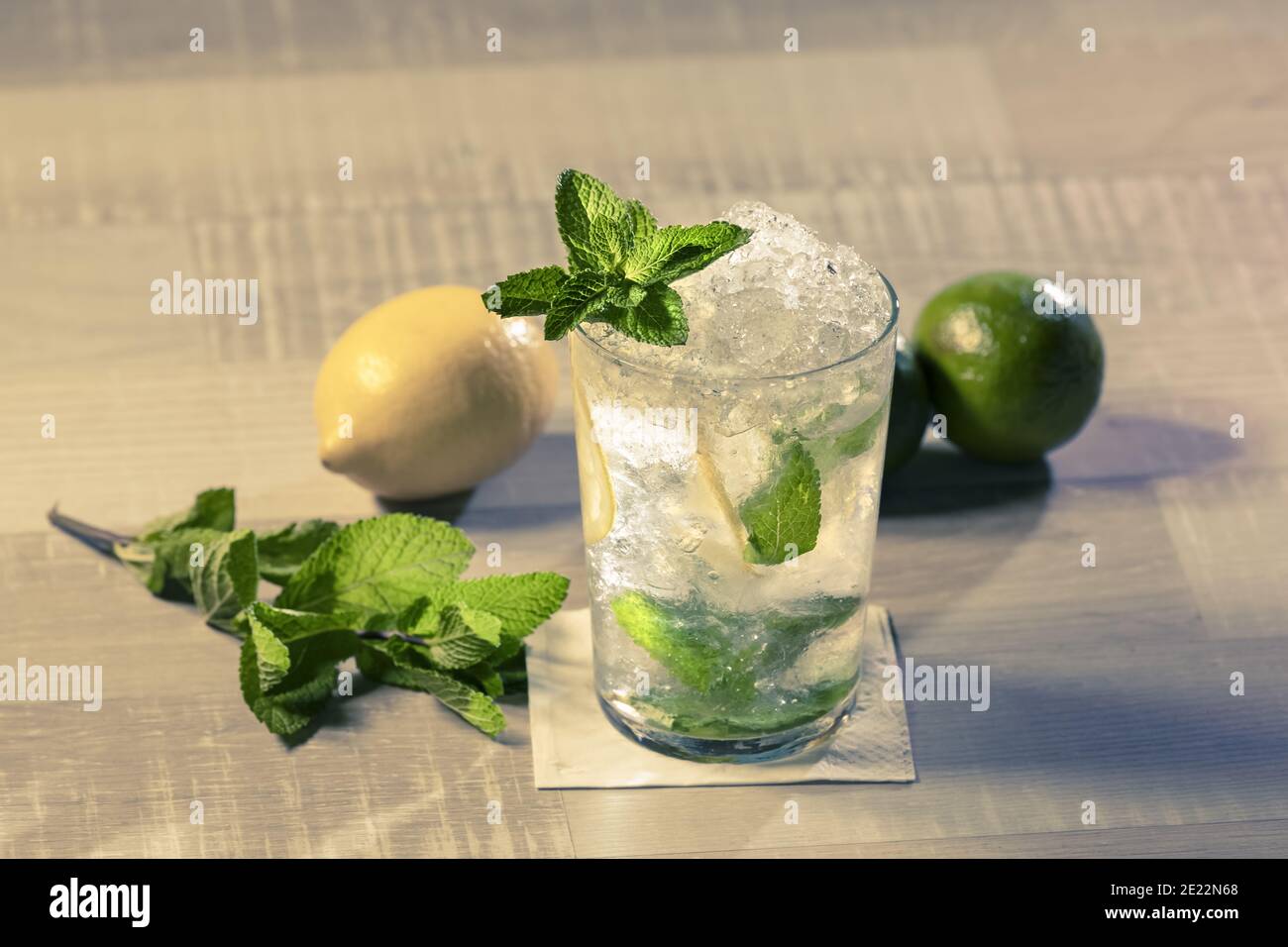 Primo piano di un bicchiere di mojito con foglie di menta, limone e lime sul tavolo Foto Stock