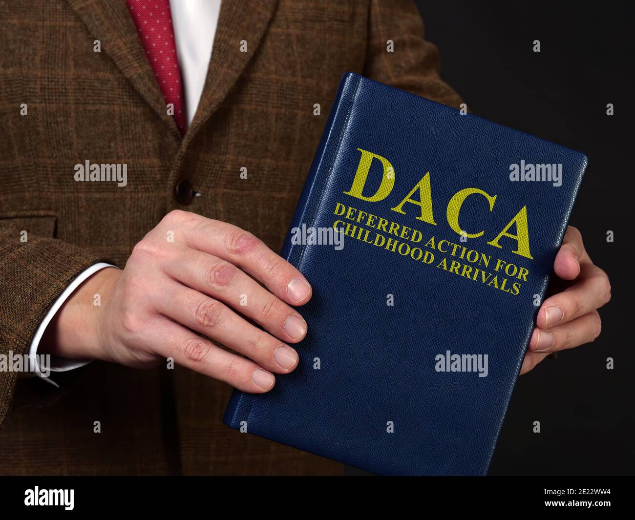 Azione differita per Arrivi Infanzia DACA Concept. L'uomo in abito mostra il libro. Foto Stock