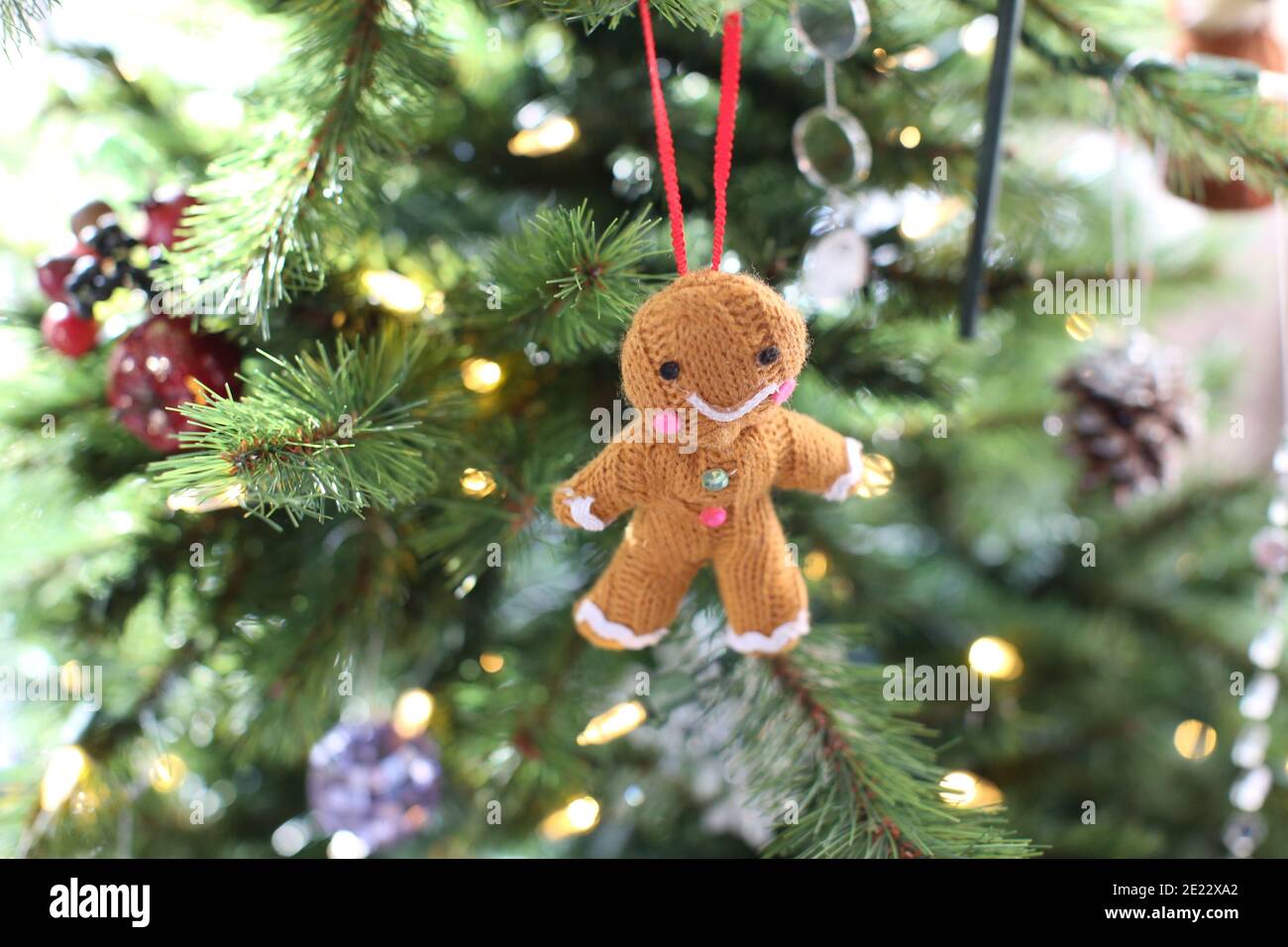 Un uomo/donna/uomo di pan di zenzero felice/sorridente lavorato a maglia/persona bauble/Natale Decorazione dell'albero appesa su un albero di Natale Foto Stock