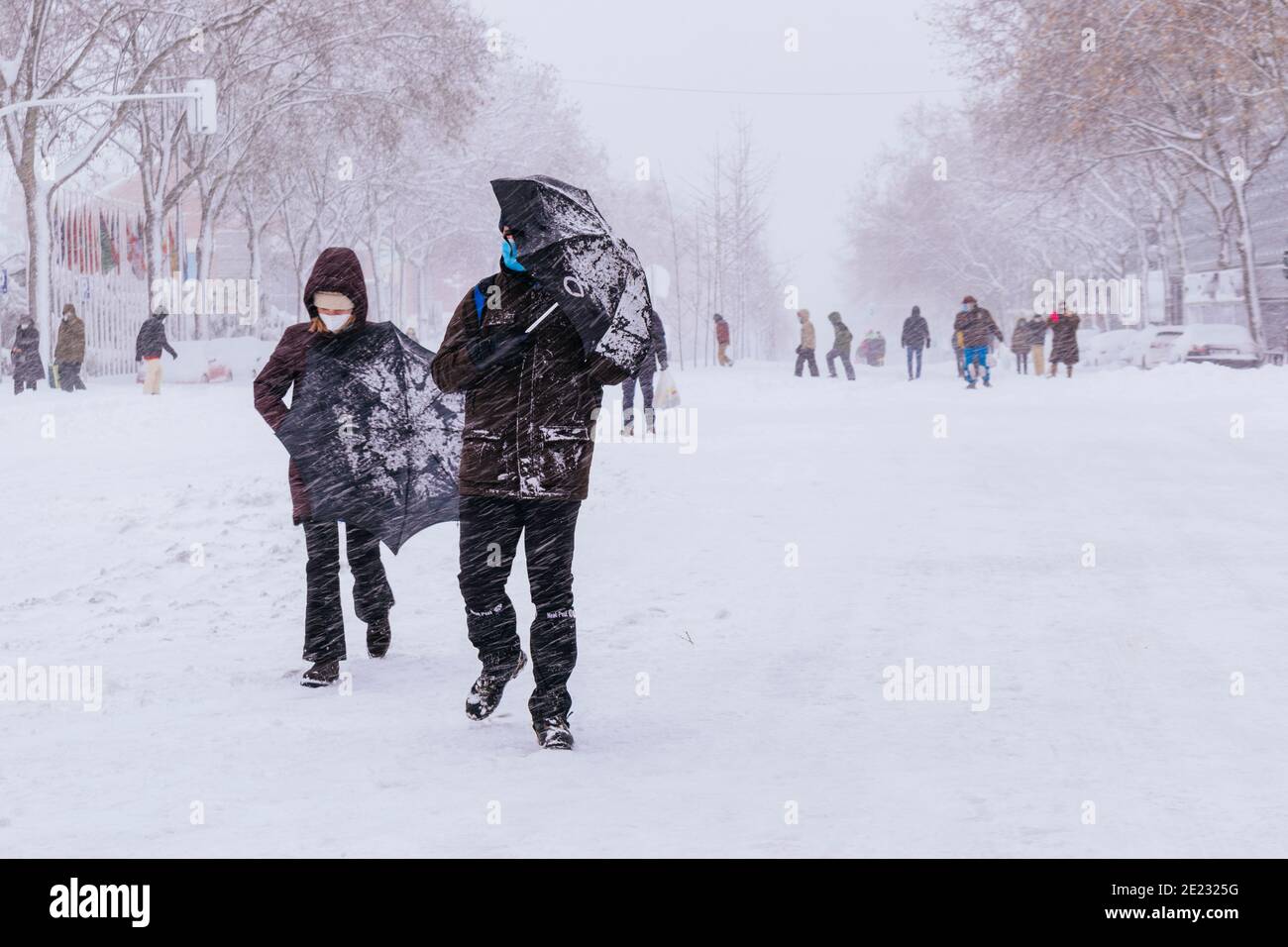 Una coppia che si protegge dalla bizzard. Filomena nevicata pesante. Madrid, Spagna Foto Stock