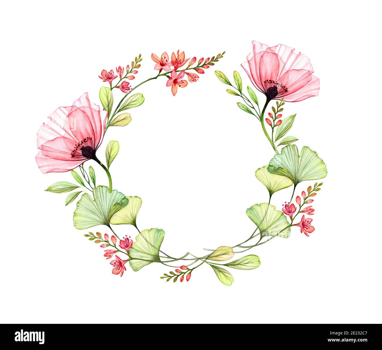 Wreath floreale rotondo acquerello. Disposizione circolare di fiori rosa, papavero, foglie. Modello di scheda con posizione per il testo. Banner isolato disegnato a mano per Foto Stock