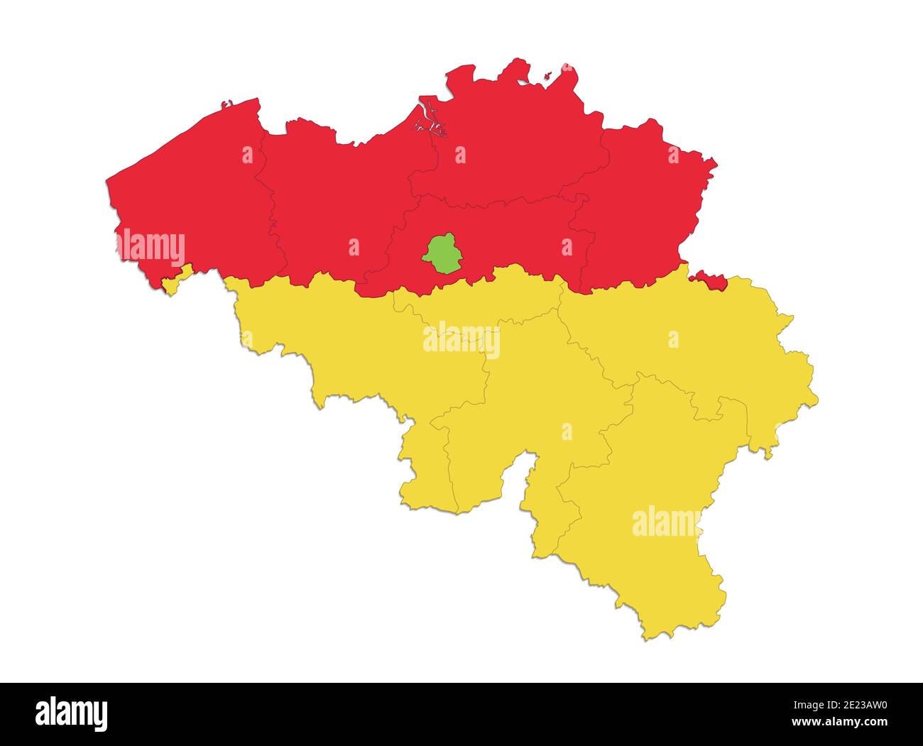 Mappa del Belgio, singole regioni, province del Belgio, isolate su sfondo bianco Foto Stock
