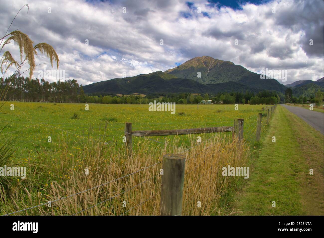 Strada lungo Rolling Green Paddock vicino Methven Foto Stock