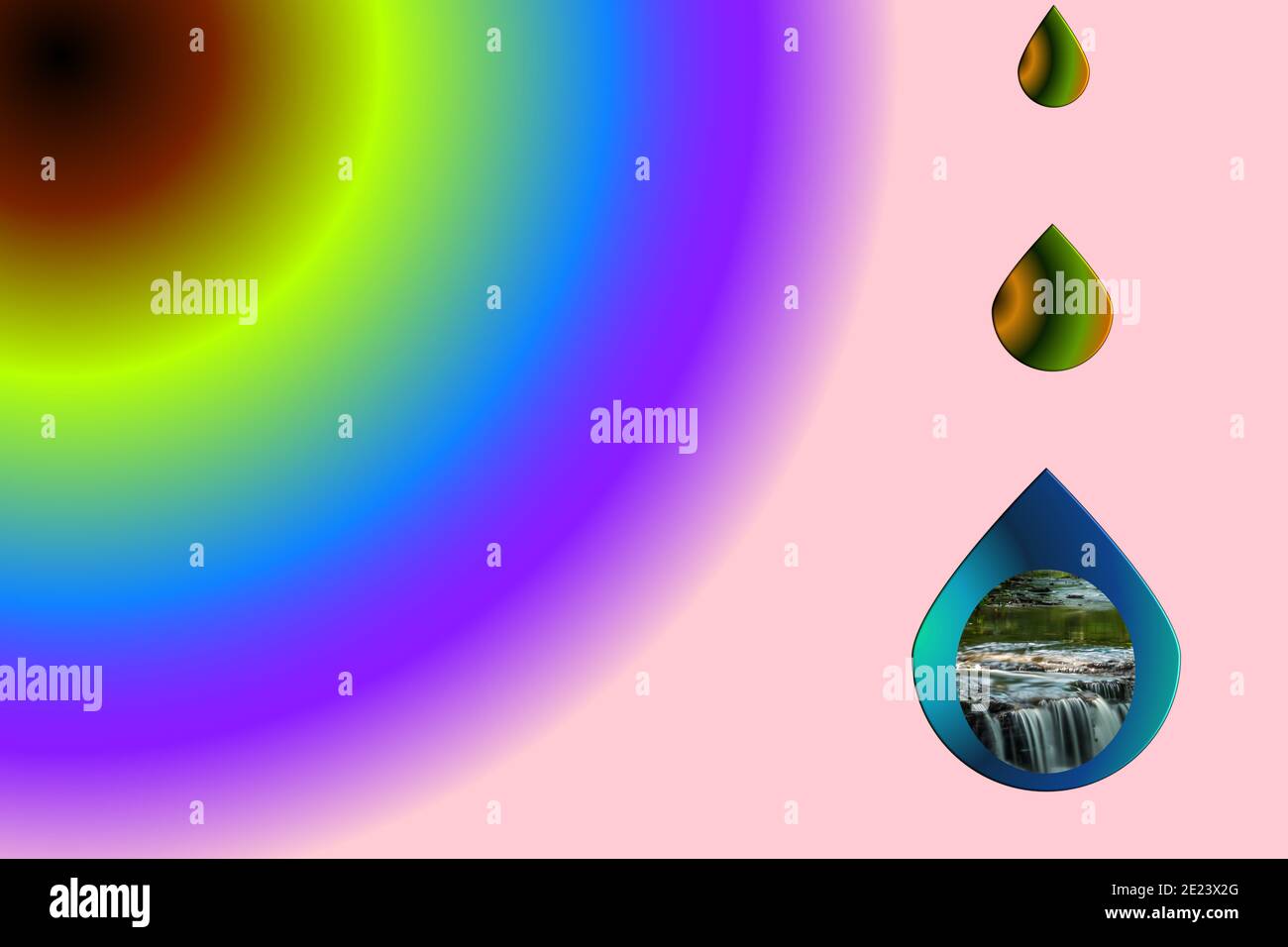 Cascata all'interno di una goccia lacrimale con colori radiali Foto Stock