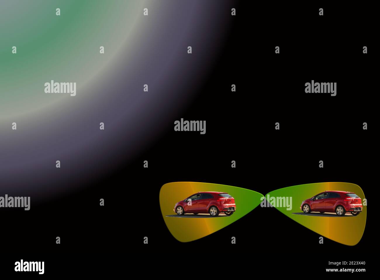 Auto da passeggeri all'interno di occhiali da sole colorati illuminati da una luce radiale fonte Foto Stock