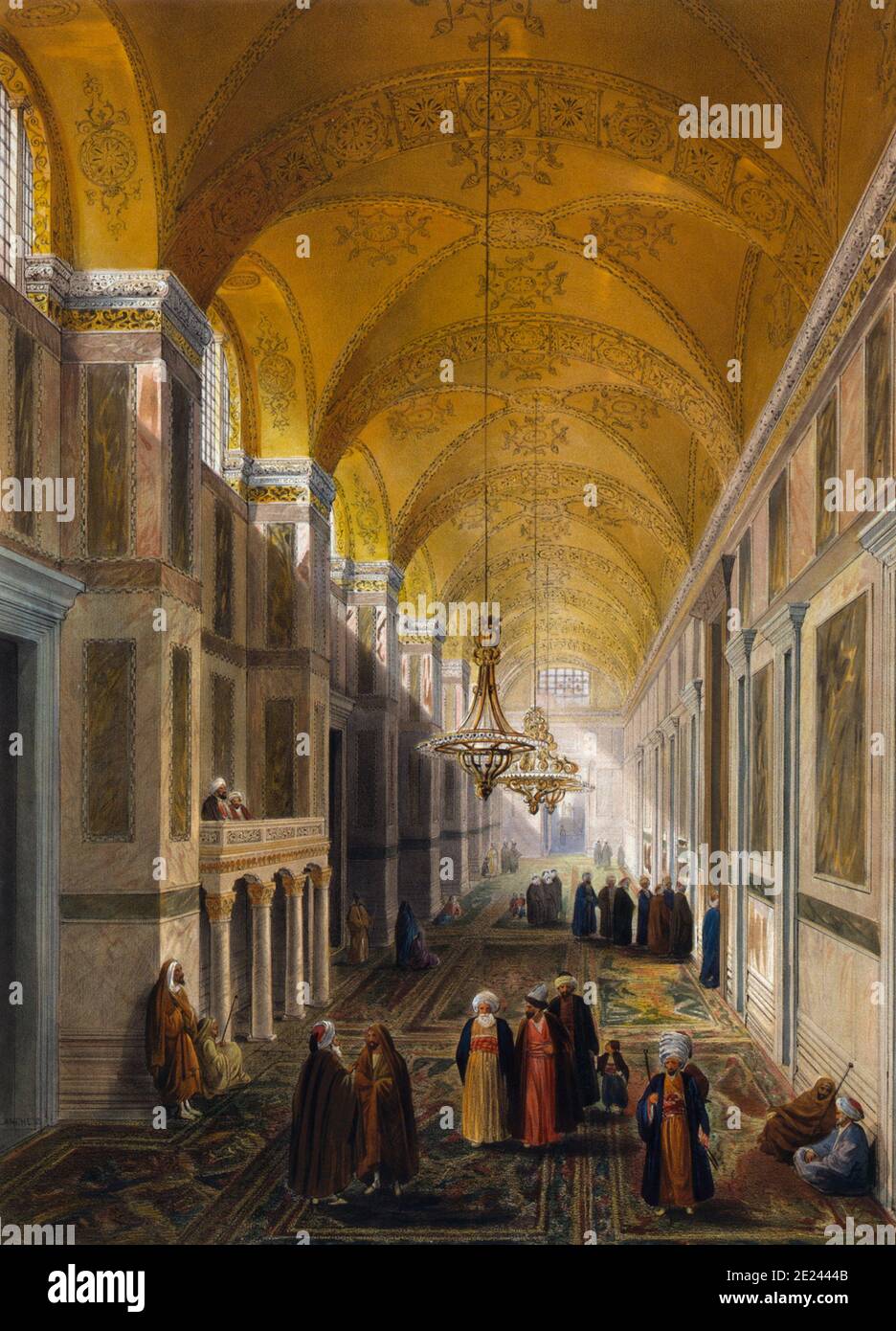 Nartece, o porticato della moschea Ayasofya, originariamente la chiesa di Hagia Sophia; con gruppi di uomini in abito tradizionale. Turchia (Impero ottomano). Foto Stock