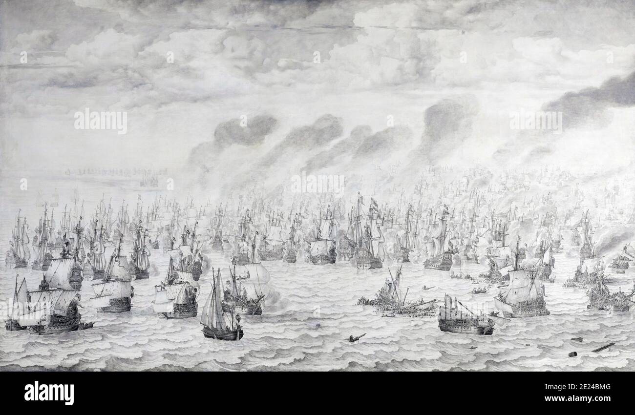 Paesi Bassi: 'La battaglia di Scheveningen, 10 agosto 1653'. Inchiostro e olio su tela dipinto di Willem van de Velde il Vecchio (c.. 1611-1693), 1657. La battaglia di Scheveningen fu la battaglia navale finale della prima guerra anglo-olandese. Nel giugno 1653, la flotta inglese aveva iniziato un blocco della costa olandese. Il 10 agosto, le navi inglesi e olandesi si sono impegnate, causando gravi danni a entrambi i lati. Il blocco è stato revocato, ma la morte dell'ammiraglio olandese Maarten Tromp è stata un duro colpo, che alla fine ha portato a concessioni olandesi nel Trattato di Westminster. Foto Stock