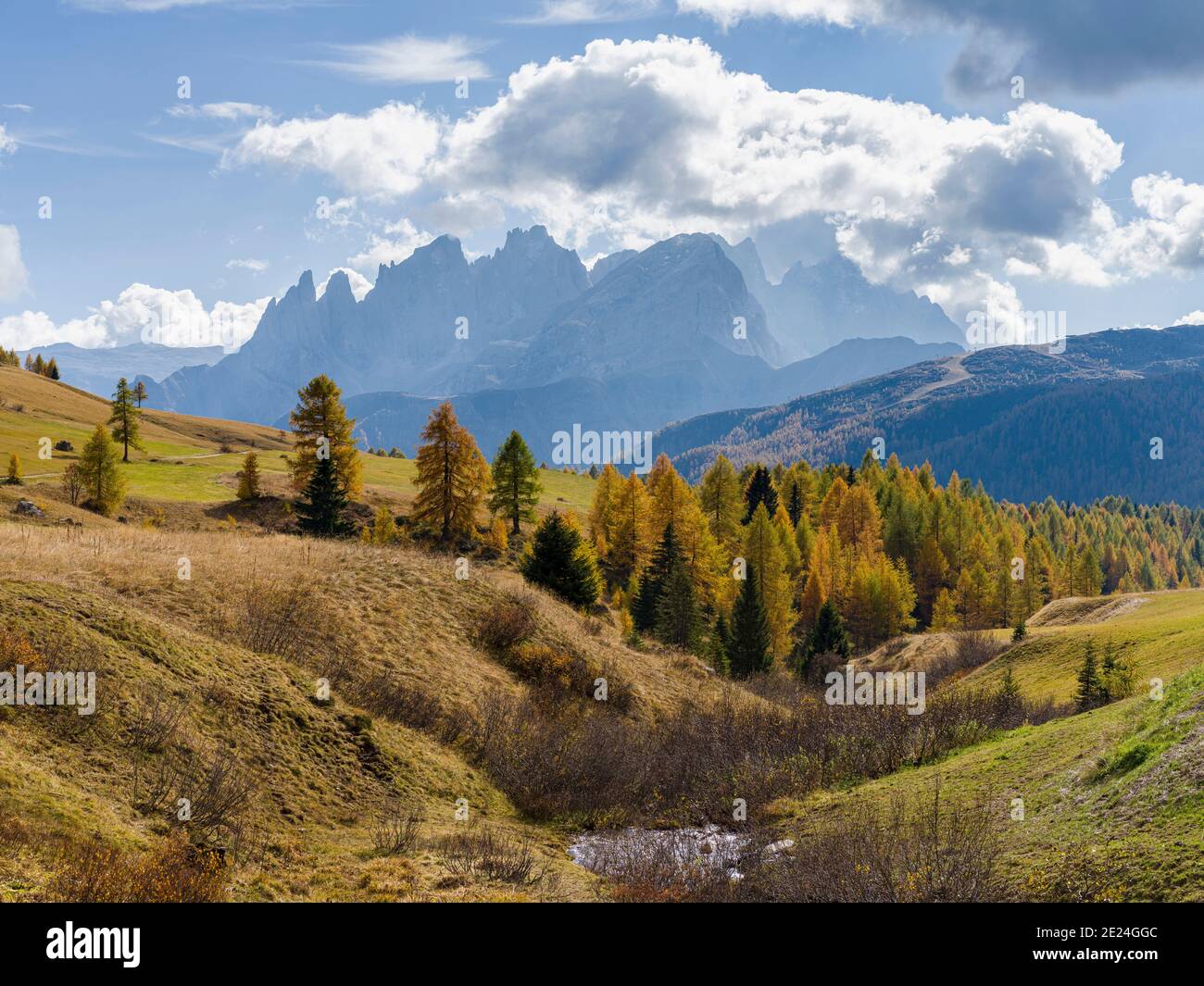 Vista verso pale di San Martino, catena montuosa del Focobon, nelle Dolomiti del Trentino, vista dall'alpe Fuciade nella fascia meridionale della Marmolada. Europass Foto Stock