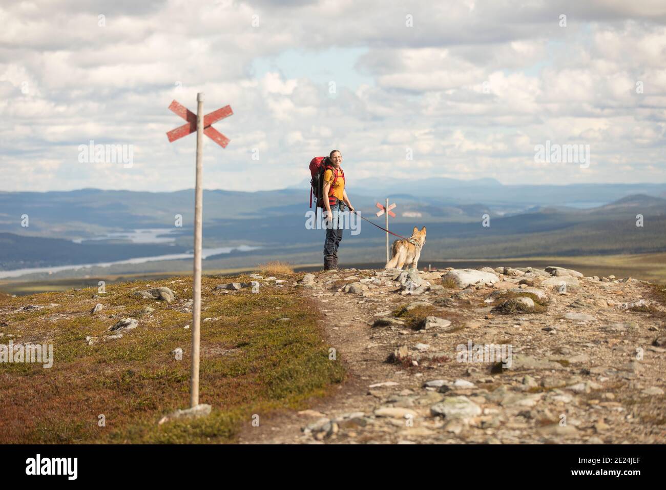 Donna passeggiate con il cane Foto Stock