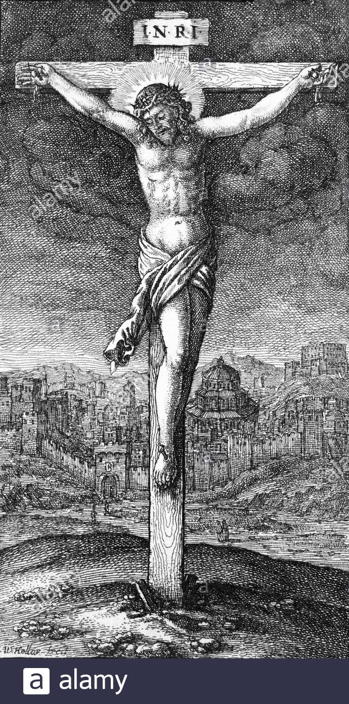 La crocifissione sulla croce di Gesù Cristo, 4BC – AD30 / 33, incisione da etcher boemo Venceslao Hollar dal 1600 Foto Stock