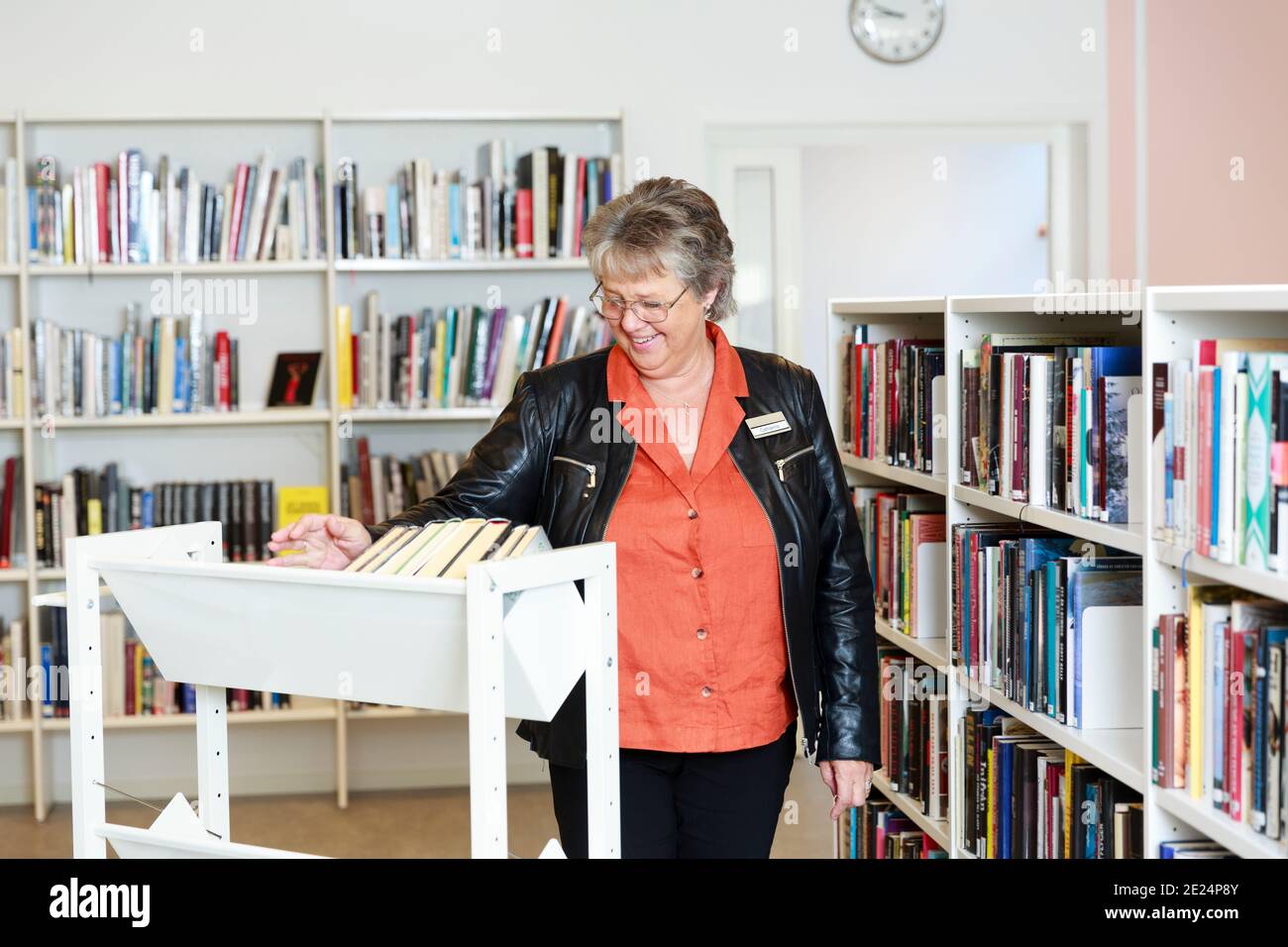 Donna sorridente in biblioteca Foto Stock
