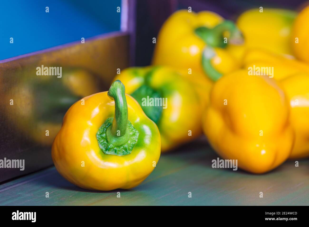Gruppo di peperoni gialli freschi su un nastro trasportatore Foto Stock