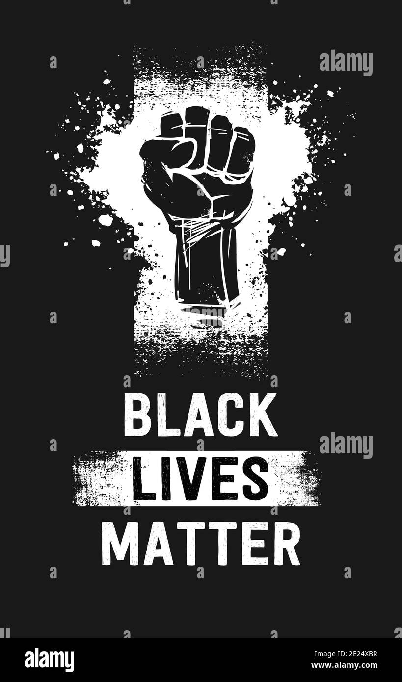 La prima illustrazione rialzata e la Black Lives contano il testo bianco, come simbolo di resistenza, su un banner nero verticale Foto Stock
