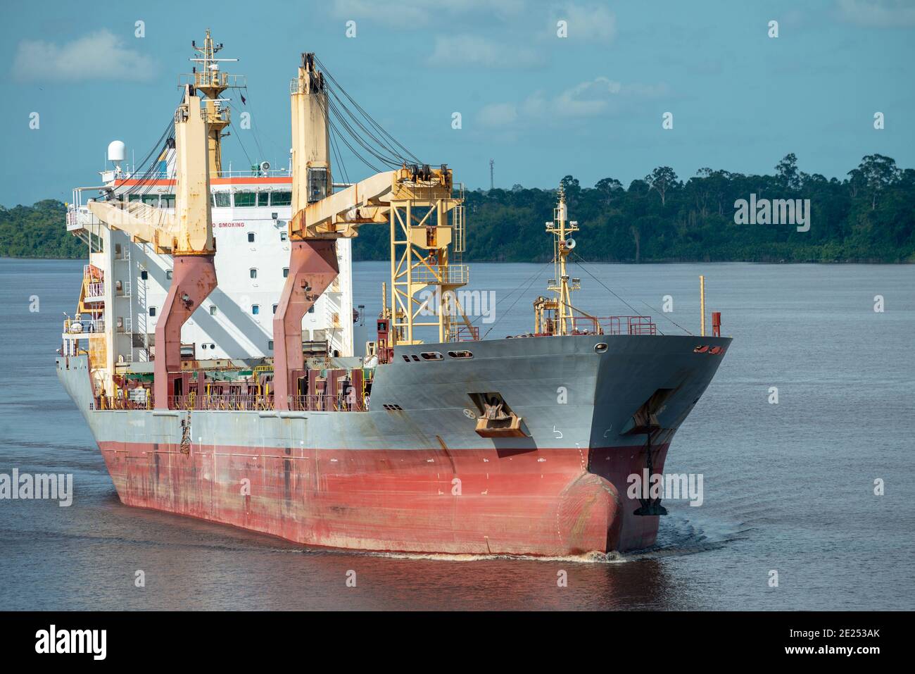 Nave da carico multiuso in corso nel fiume che consegna il carico sfuso per il trasbordo internazionale. Foto Stock
