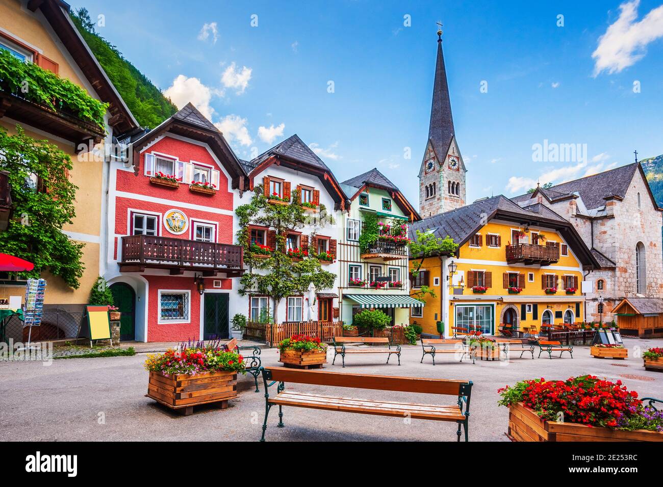 Hallstatt, Austria. Main square in the village. Foto Stock