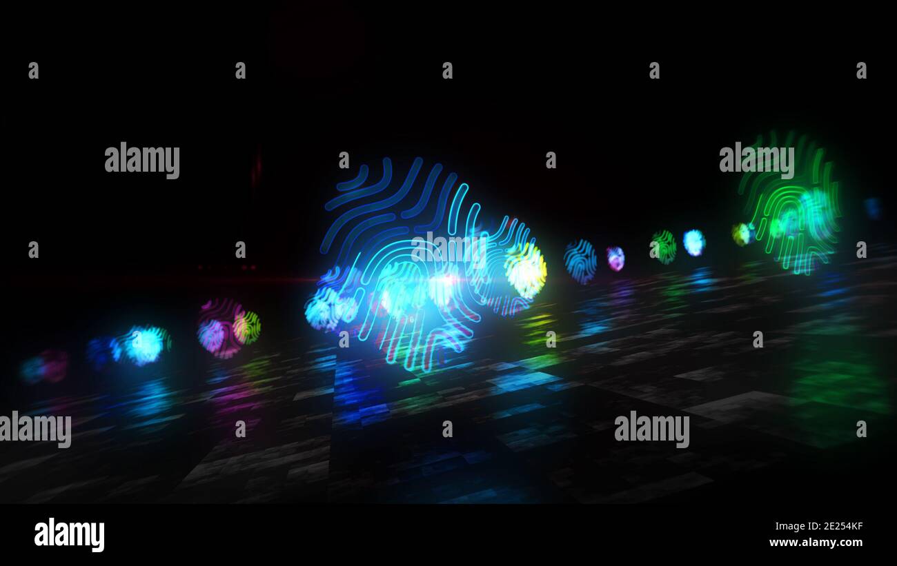 Simbolo dell'impronta digitale, tecnologia di autenticazione, identificazione, impronta digitale, accesso alla sicurezza del computer, identità, concetto di identità cibernetica. abs futuristico Foto Stock