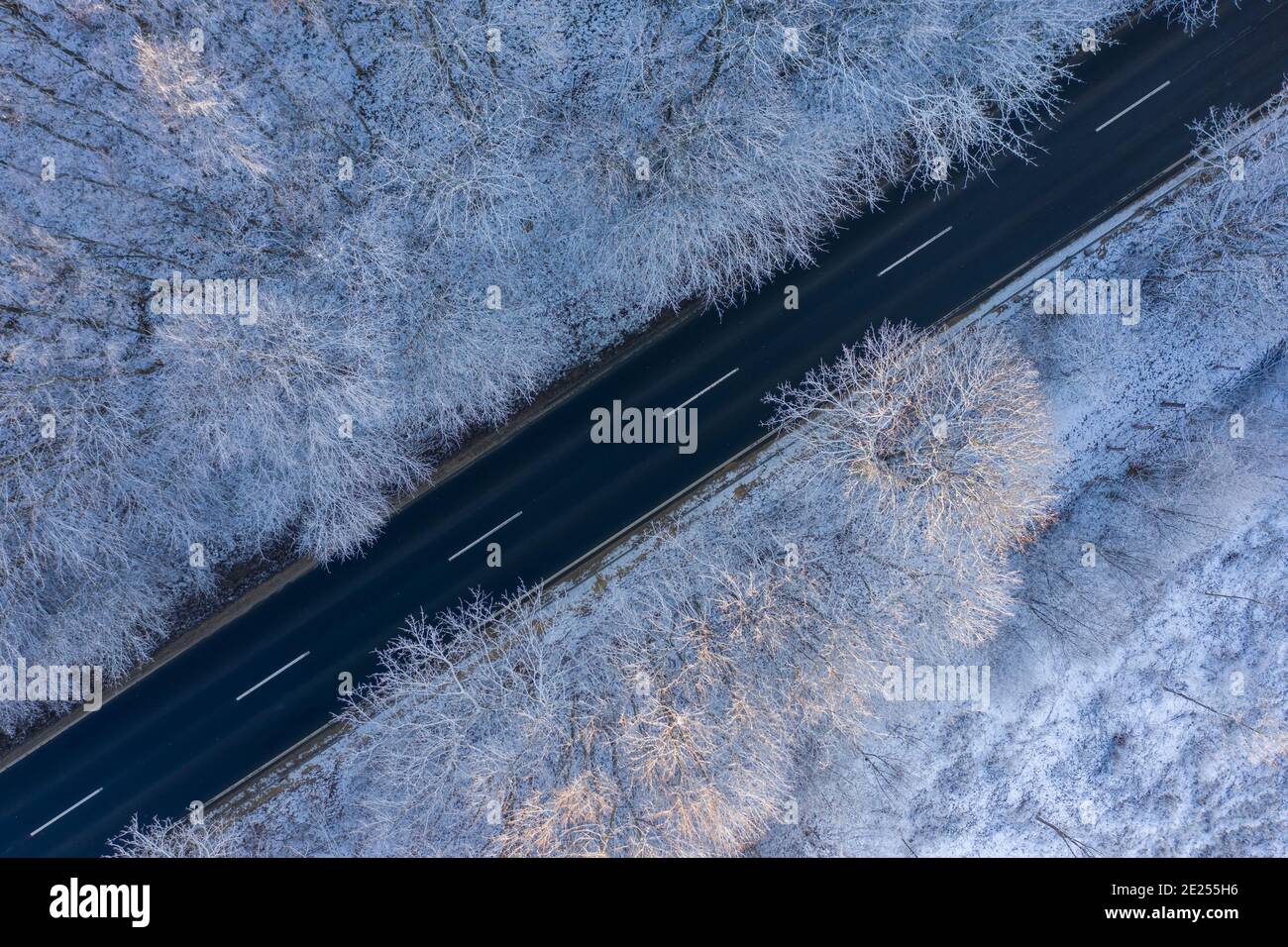 Csesznek, Ungheria - veduta aerea dall'alto verso il basso della foresta invernale attraversata da una strada asfaltata. Sfondo paesaggio innevato. Foto Stock