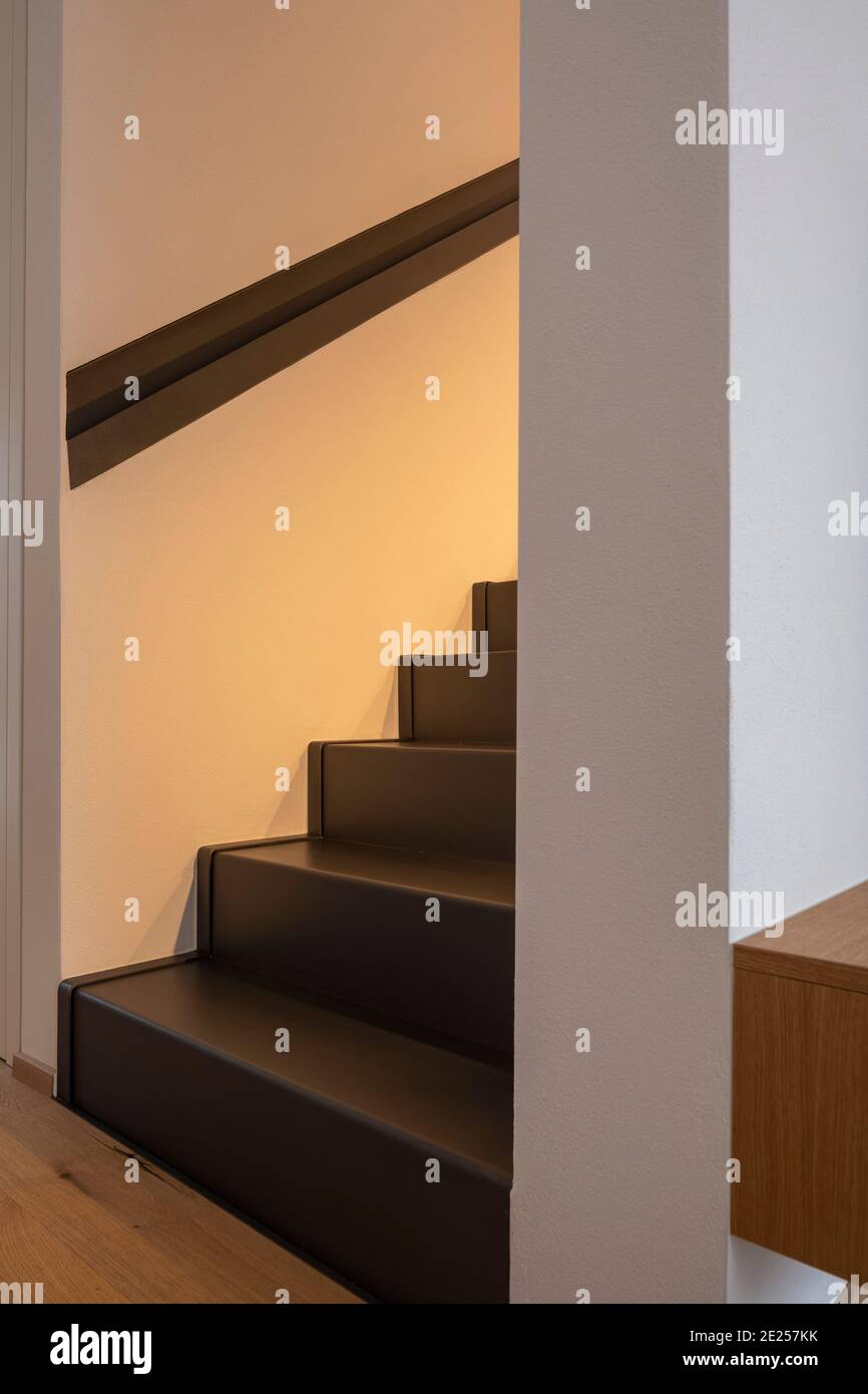 Interni moderni con pareti bianche e parquet sul pavimento. Dettaglio dei gradini neri di una scala. Nessuno dentro Foto Stock