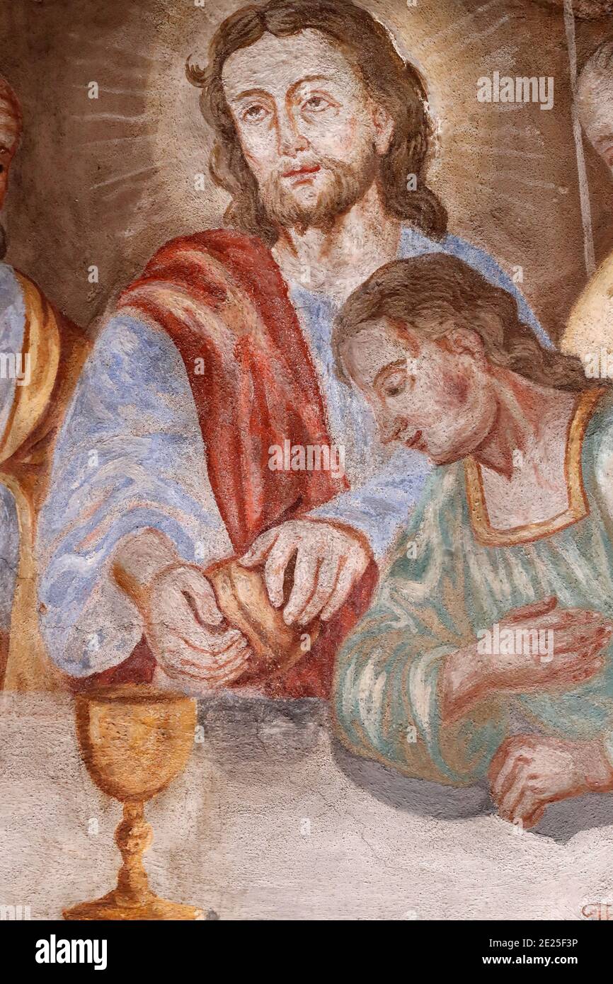 Chiesa di Notre Dame de l'Assomption de Cordon. Affresco. L'ultima cena. Il pasto finale che Gesù ha condiviso con i suoi Apostoli a Gerusalemme prima del suo cru Foto Stock