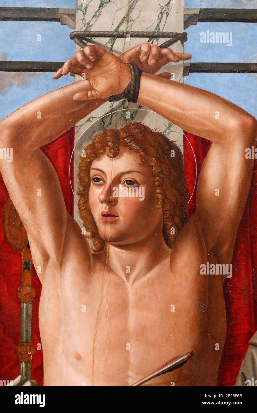 Galleria dell'Accademia. Sain Sebastian con i Santi Liberalis, Gregorio, Francesco e Rocco di Giovanni Mansueti. Dettaglio. 1500. Foto Stock